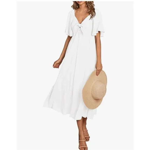 NEW Short Sleeve Bow Tie V Neck Ruffle Midi Flowy Dress L - Picture 1 of 7